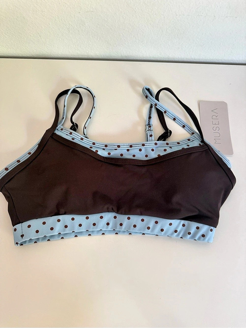 Musera Sport Polka Dot Bikini Top in Brown & Blue Size Small NWT